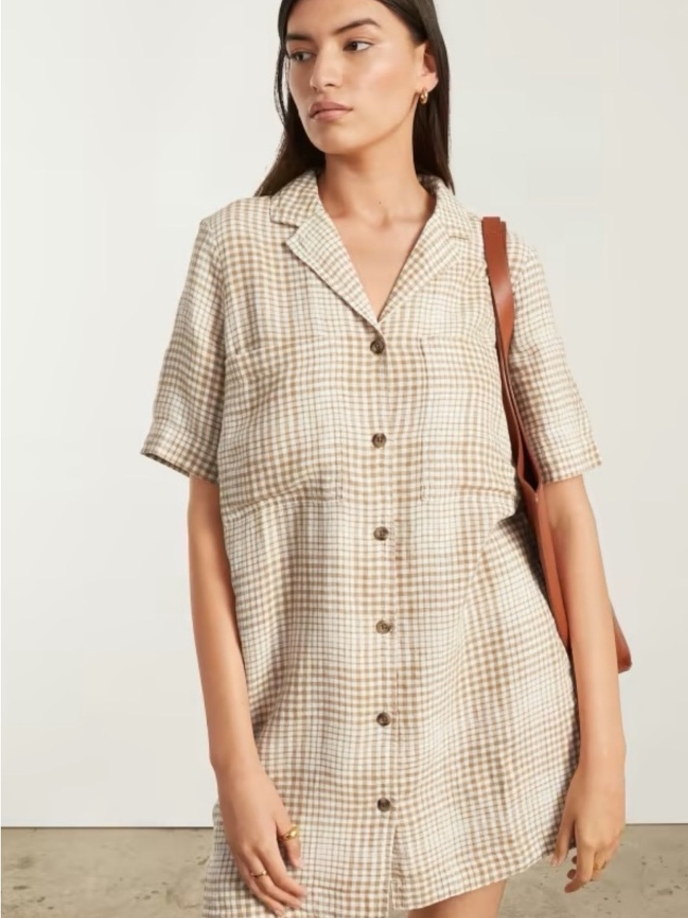 Everlane Beige and Cream Plaid Button-Front Midi Dress with pockets!
